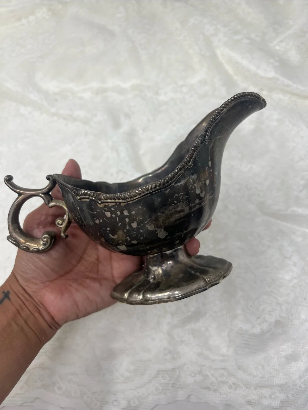 Vintage Silver Plated Gravy Boat with Matching Tray in Patina